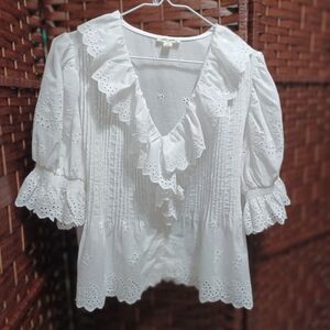 Ultra Pink White Eyelet Ruffle V-Neck Blouse